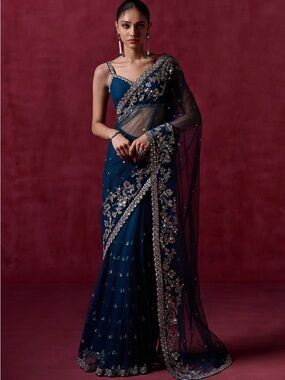 Embellished Deep Teal Blue Saree with Silver Detail